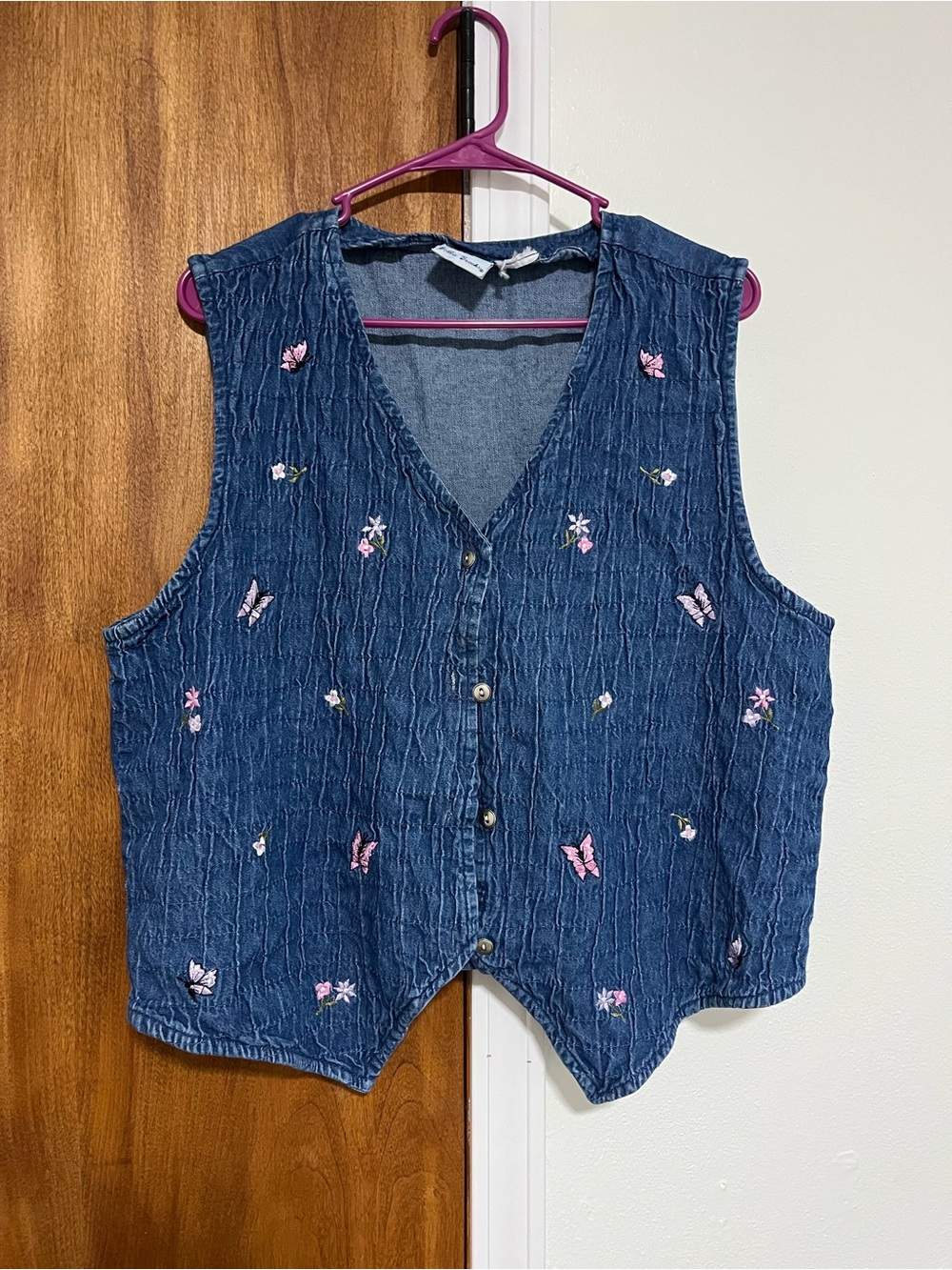 VTG 90s Bobbie Brooks Denim Vest Large Embroidered Butterfly Flower Cottagecore